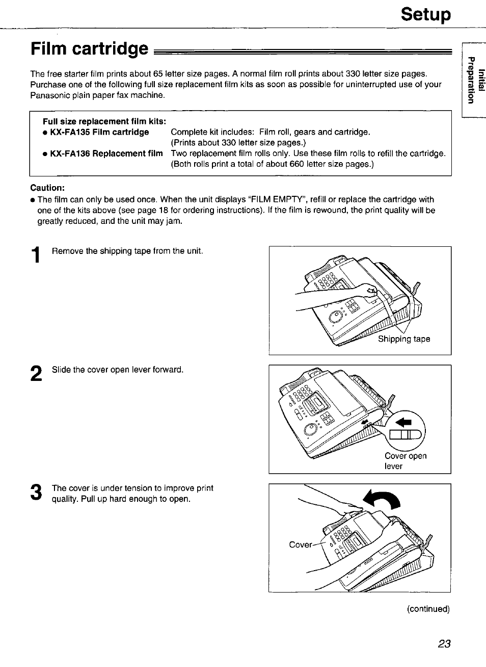 Film cartridge, Caution, Setup | Panasonic Compact Plain Paper FAX KX-FP270 User Manual | Page 23 / 144