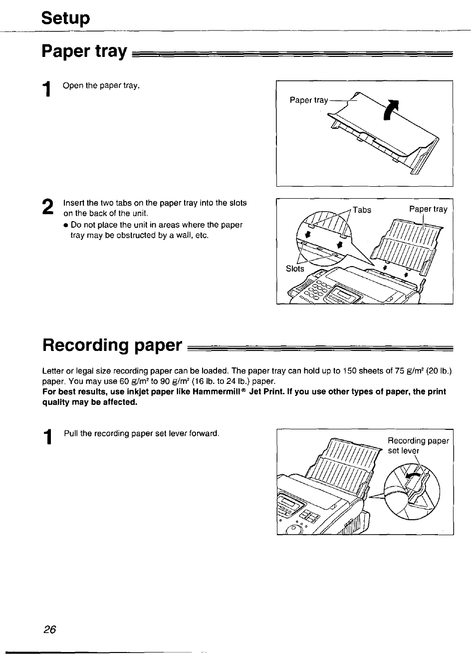 Setup, Paper tray, Recording paper | Paper tray recording paper, Setup paper tray | Panasonic Compact Plain Paper FAX KX-FP270 User Manual | Page 26 / 144