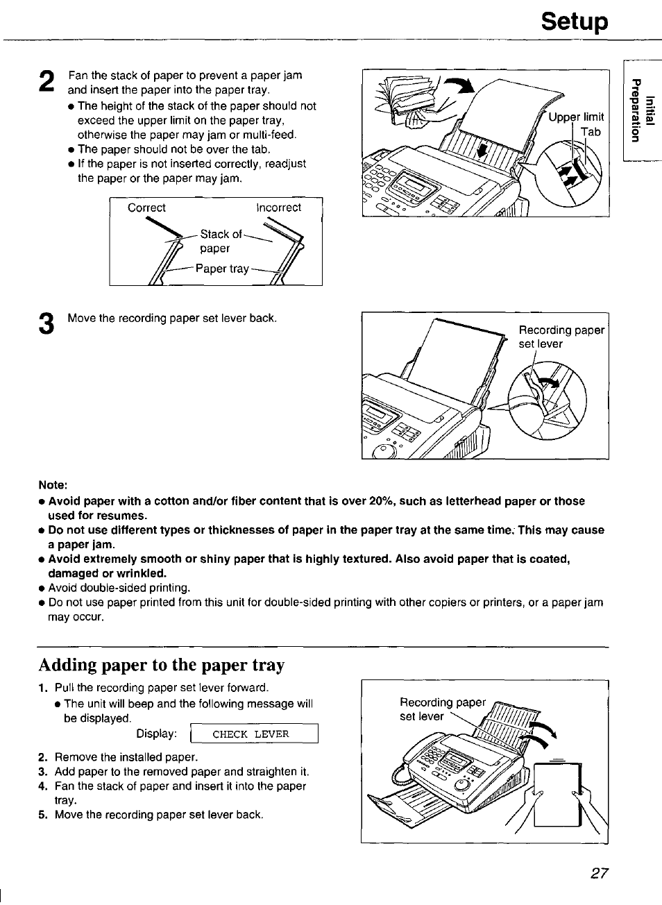 Note, Adding paper to the paper tray, Setup | Panasonic Compact Plain Paper FAX KX-FP270 User Manual | Page 27 / 144