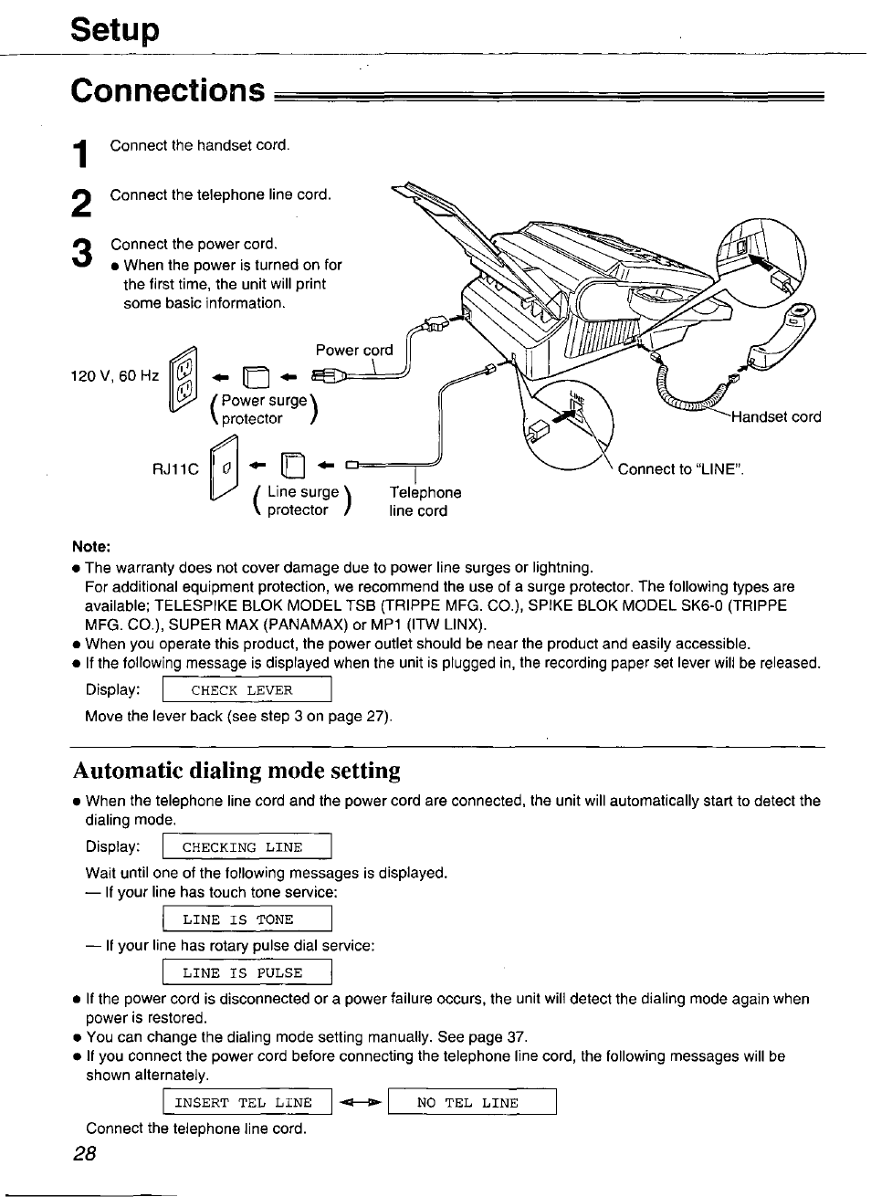 Connections, Note, Automatic dialing mode setting | Setup | Panasonic Compact Plain Paper FAX KX-FP270 User Manual | Page 28 / 144
