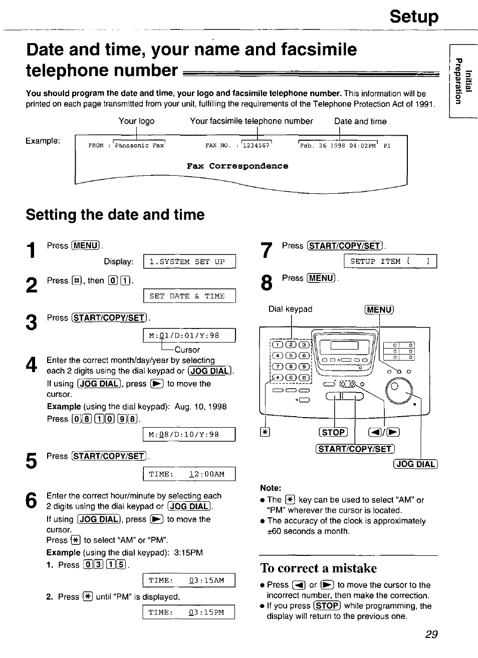 Setting the date and time, Note, To correct a mistake | Setup | Panasonic Compact Plain Paper FAX KX-FP270 User Manual | Page 29 / 144