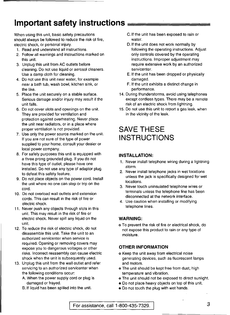 Important safety instructions, Save these instructions | Panasonic Compact Plain Paper FAX KX-FP270 User Manual | Page 3 / 144