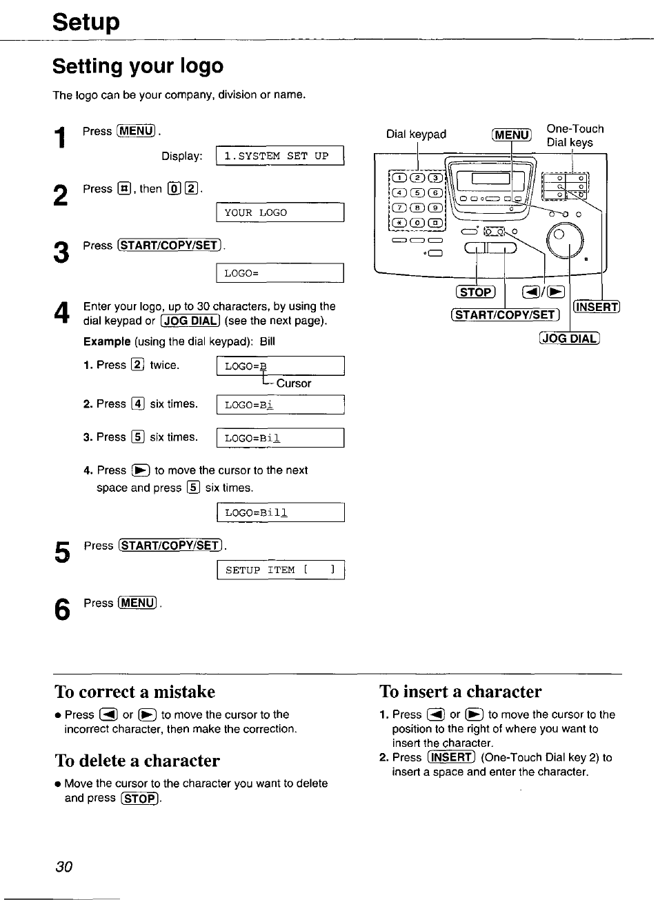 Setting your logo, Setup | Panasonic Compact Plain Paper FAX KX-FP270 User Manual | Page 30 / 144