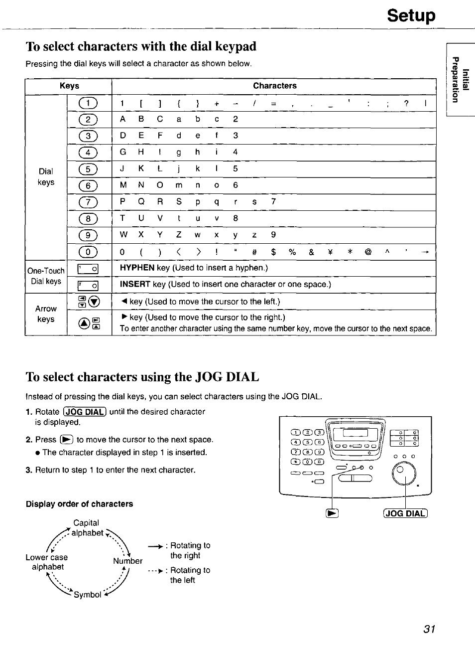 To select characters with the dial keypad, To select characters using the jog dial, Setup | Panasonic Compact Plain Paper FAX KX-FP270 User Manual | Page 31 / 144