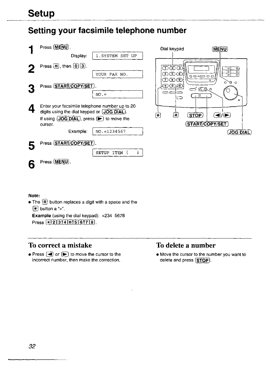 Setting your facsimile telephone number, To correct a mistake, To delete a number | Setup | Panasonic Compact Plain Paper FAX KX-FP270 User Manual | Page 32 / 144