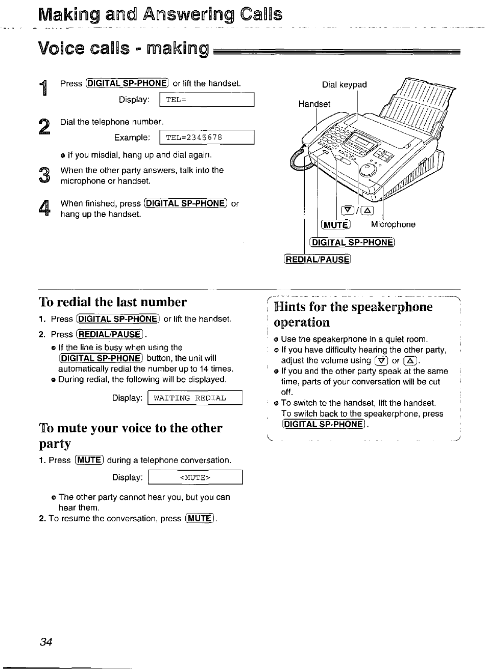 Maklimg and answering galls voice calls - making, Hints for the speakerphone operation | Panasonic Compact Plain Paper FAX KX-FP270 User Manual | Page 34 / 144