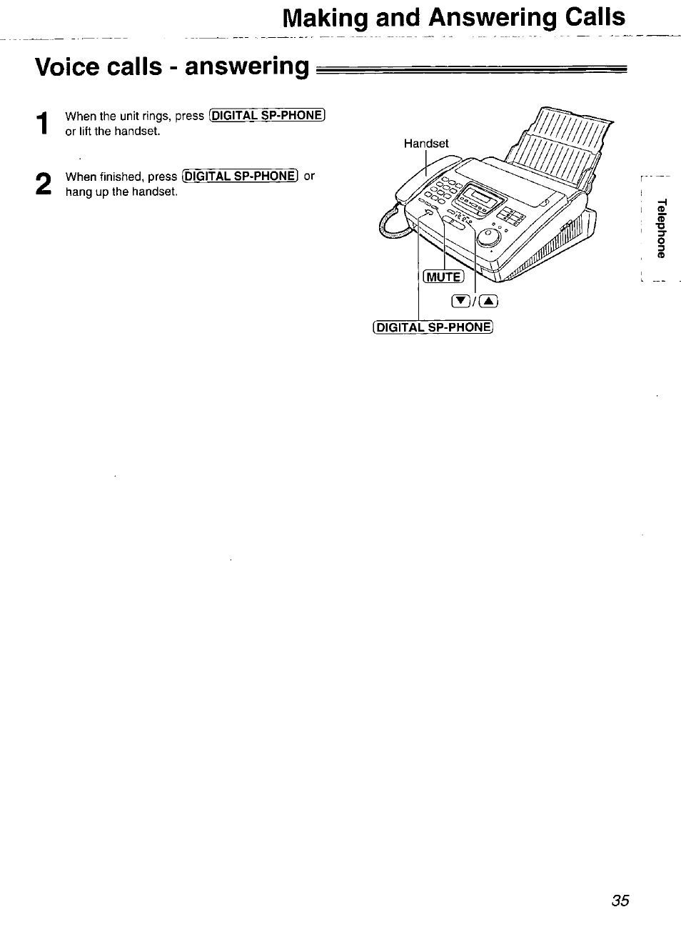 Voice calls - answering, Voice calls - making, Making and answering calis | Panasonic Compact Plain Paper FAX KX-FP270 User Manual | Page 35 / 144