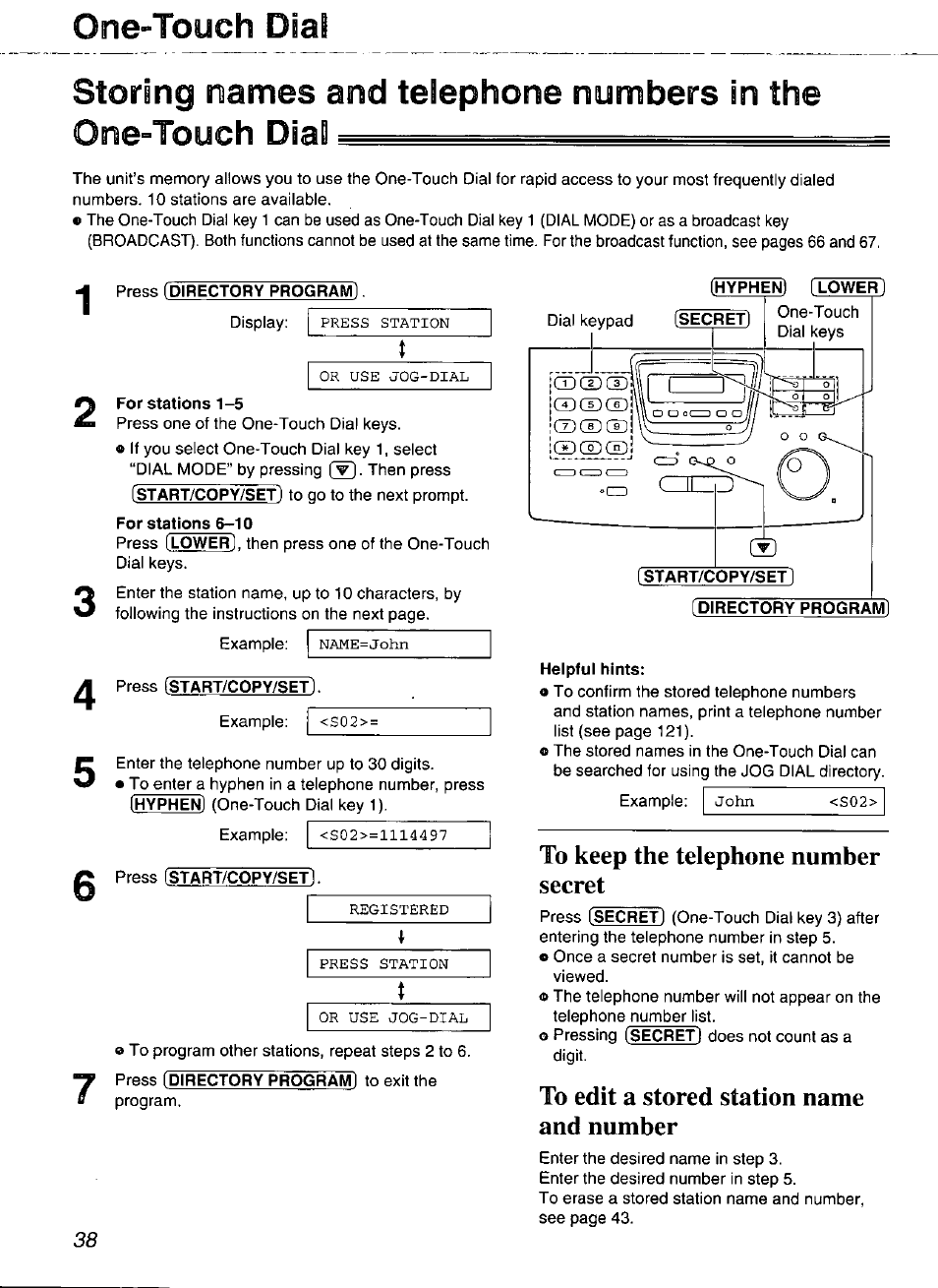 Press (directory program), For stations 1-5, Helpful hints | To keep the telephone number secret, To edit a stored station name and number, One-touch dial | Panasonic Compact Plain Paper FAX KX-FP270 User Manual | Page 38 / 144