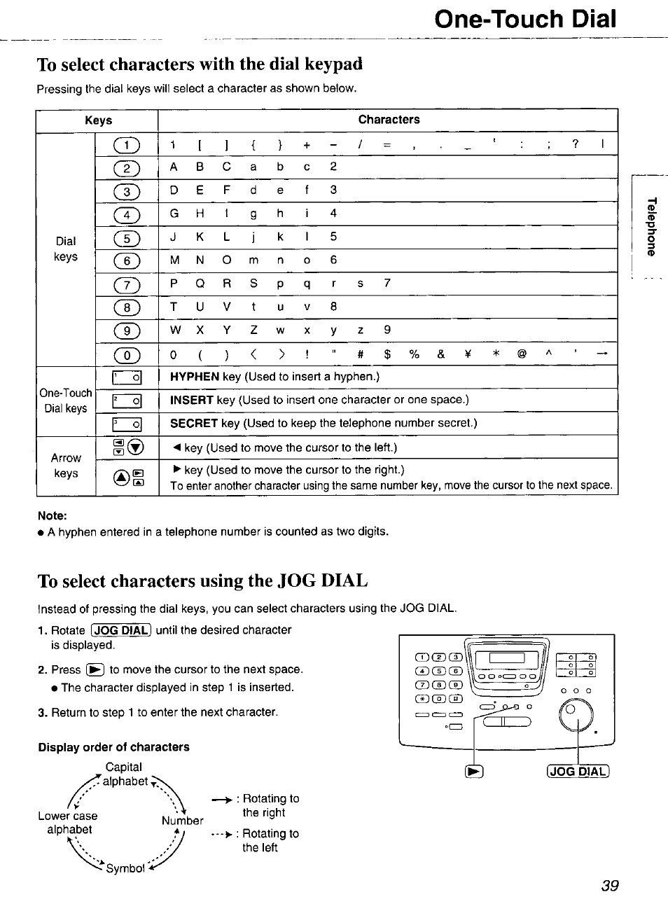 To select characters with the dial keypad, Note, To select characters using the jog dial | Display order of characters, One-touch dial, Cd w | Panasonic Compact Plain Paper FAX KX-FP270 User Manual | Page 39 / 144