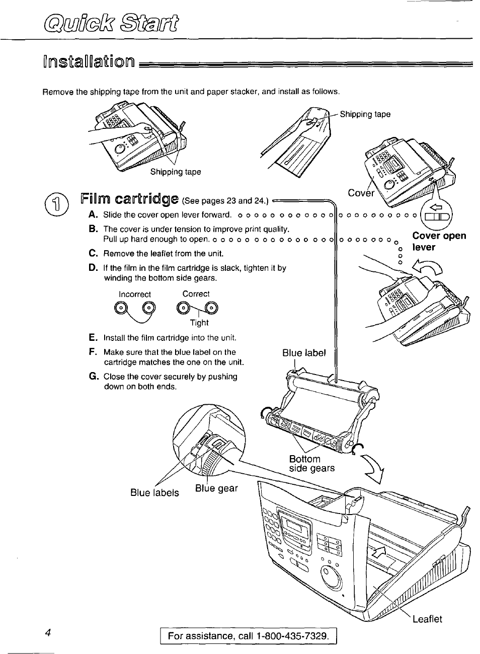 Oostallaiioini, Film cartriidge | Panasonic Compact Plain Paper FAX KX-FP270 User Manual | Page 4 / 144