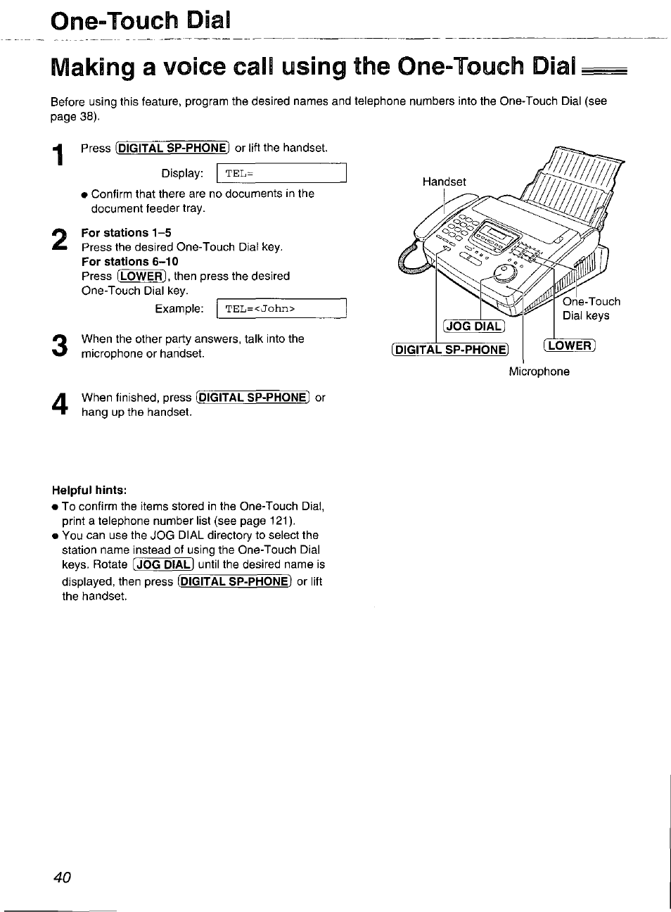 For stations 1-5, One-touch dial, Making a voice call using the one-touch dial | Panasonic Compact Plain Paper FAX KX-FP270 User Manual | Page 40 / 144