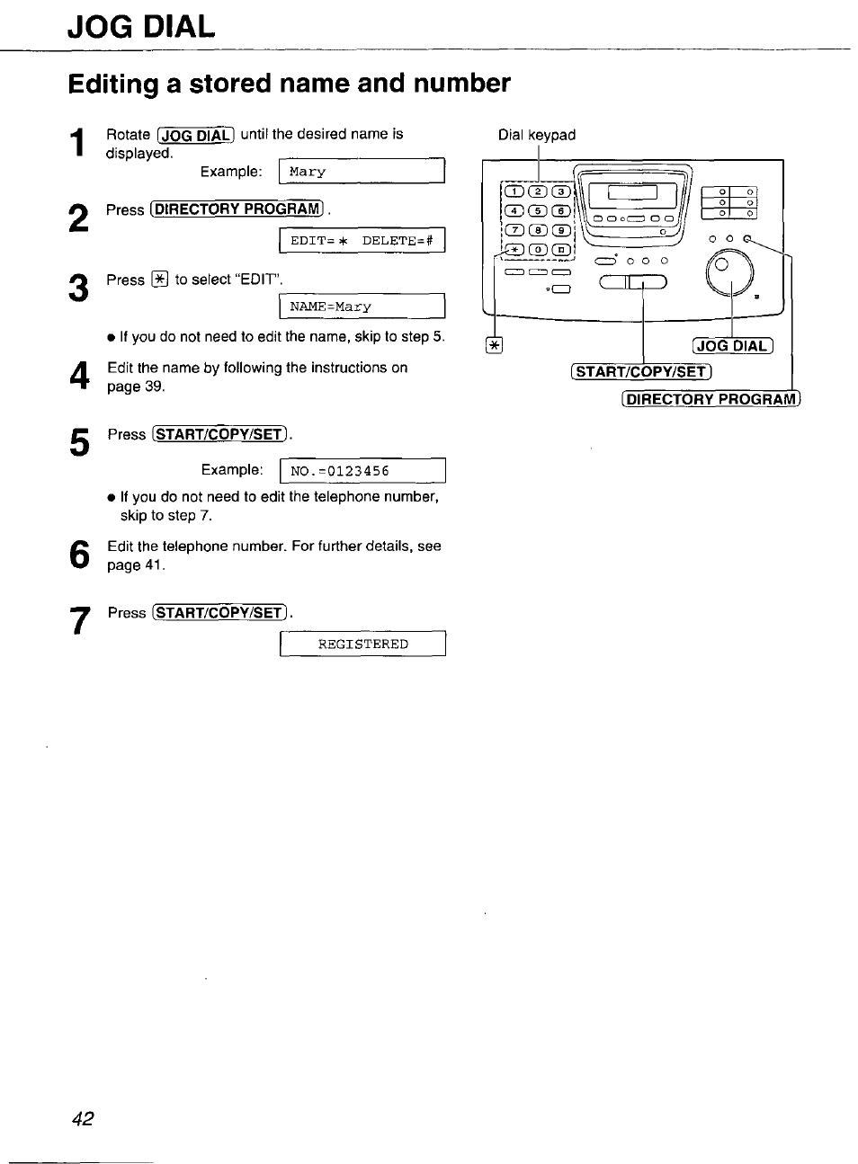 Editing a stored name and number, Press [directory prog^m, Jog dial | Panasonic Compact Plain Paper FAX KX-FP270 User Manual | Page 42 / 144