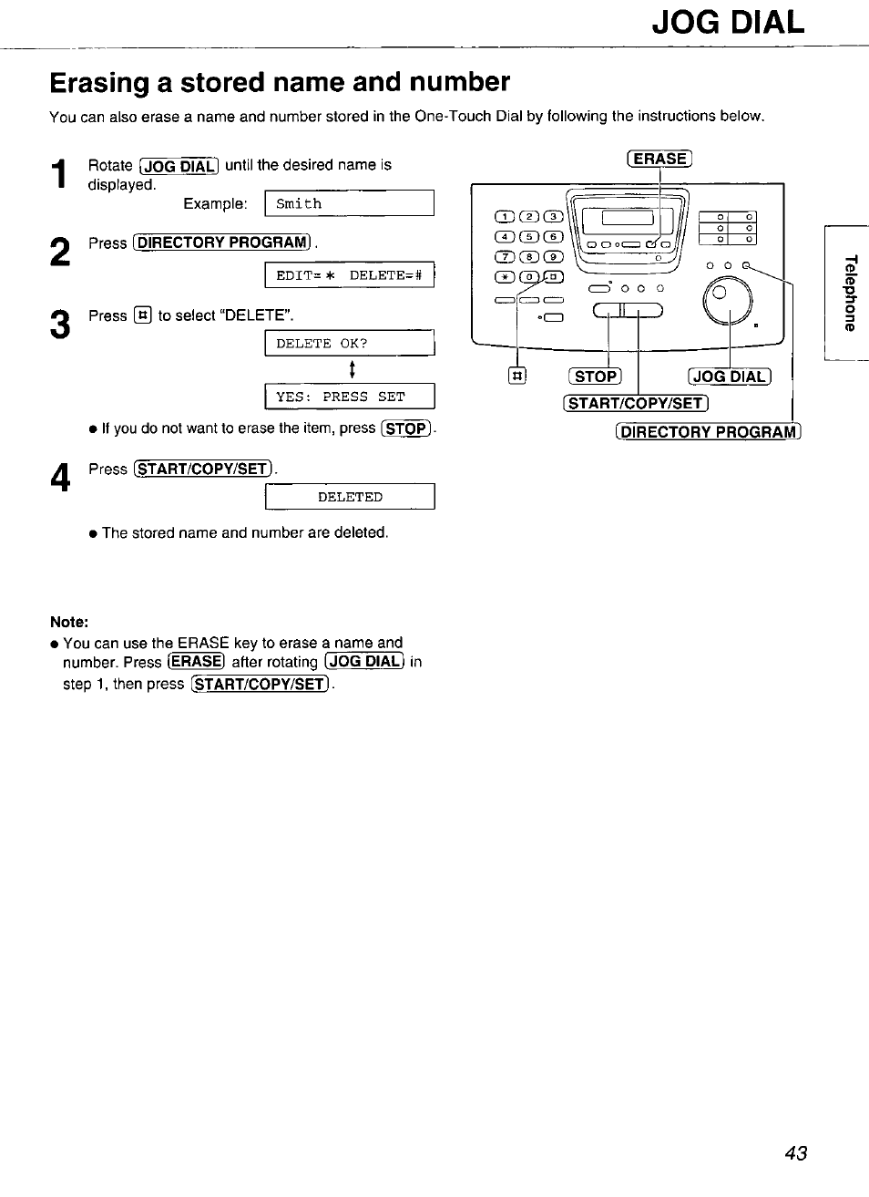 Erasing a stored name and number, Note, Jog dial | Panasonic Compact Plain Paper FAX KX-FP270 User Manual | Page 43 / 144