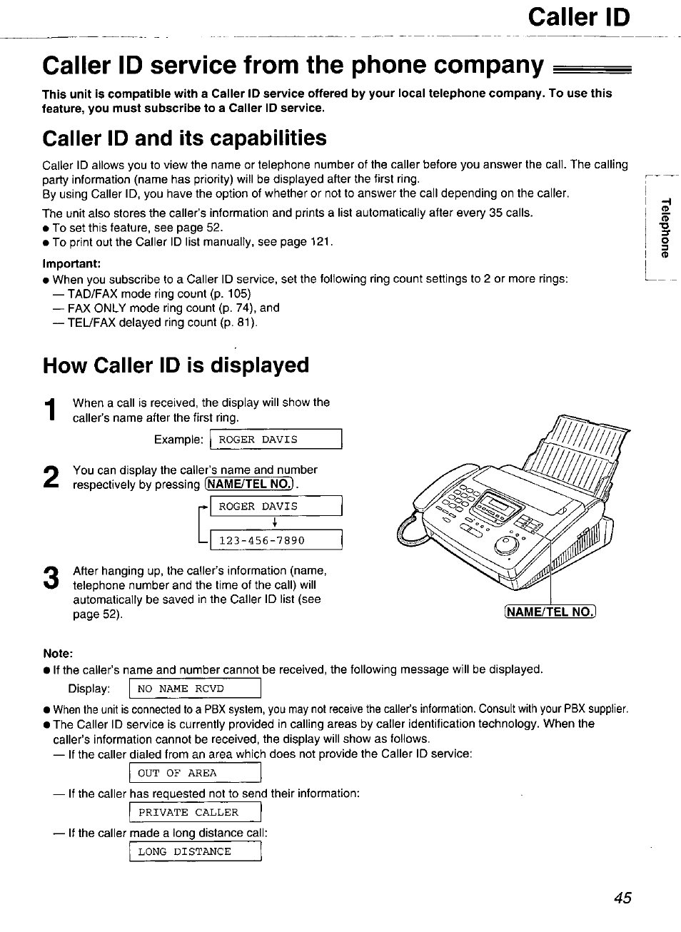 Caller id service from the phone company, Caller id and its capabilities, How caller id is displayed | Note, Caller id | Panasonic Compact Plain Paper FAX KX-FP270 User Manual | Page 45 / 144