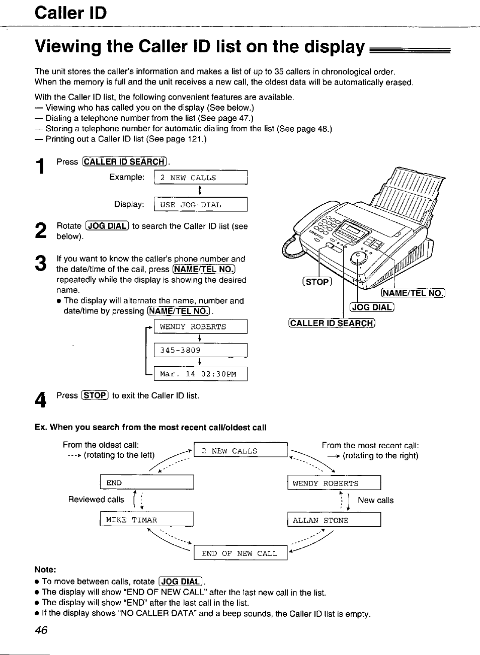 Viewing the caller id list on the display, Press [caller id search, Caller id | Panasonic Compact Plain Paper FAX KX-FP270 User Manual | Page 46 / 144