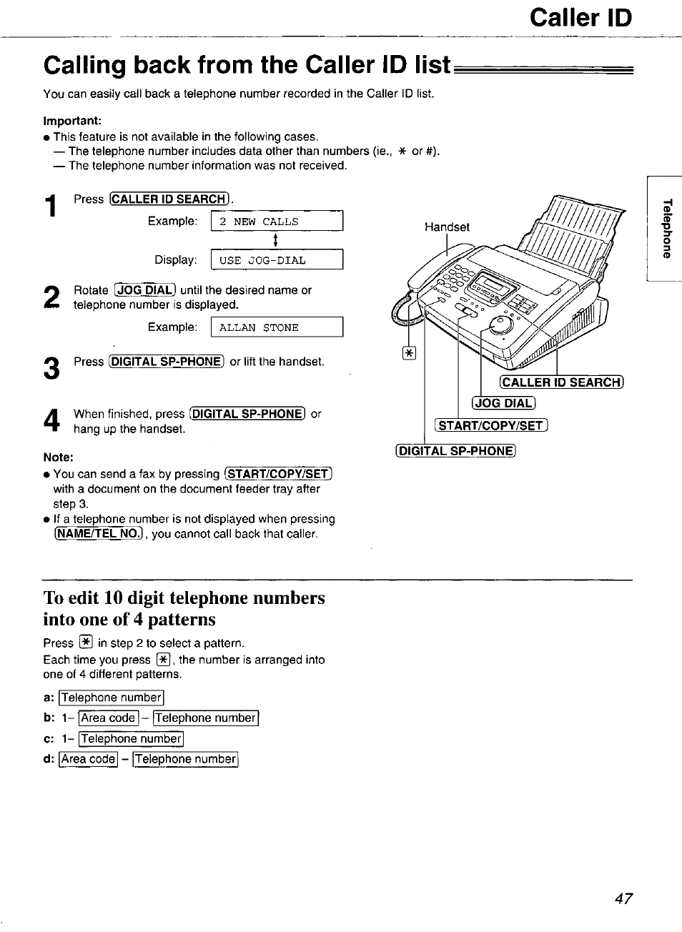 Calling back from the caller id list, Press [caller id search), Caller id | Panasonic Compact Plain Paper FAX KX-FP270 User Manual | Page 47 / 144