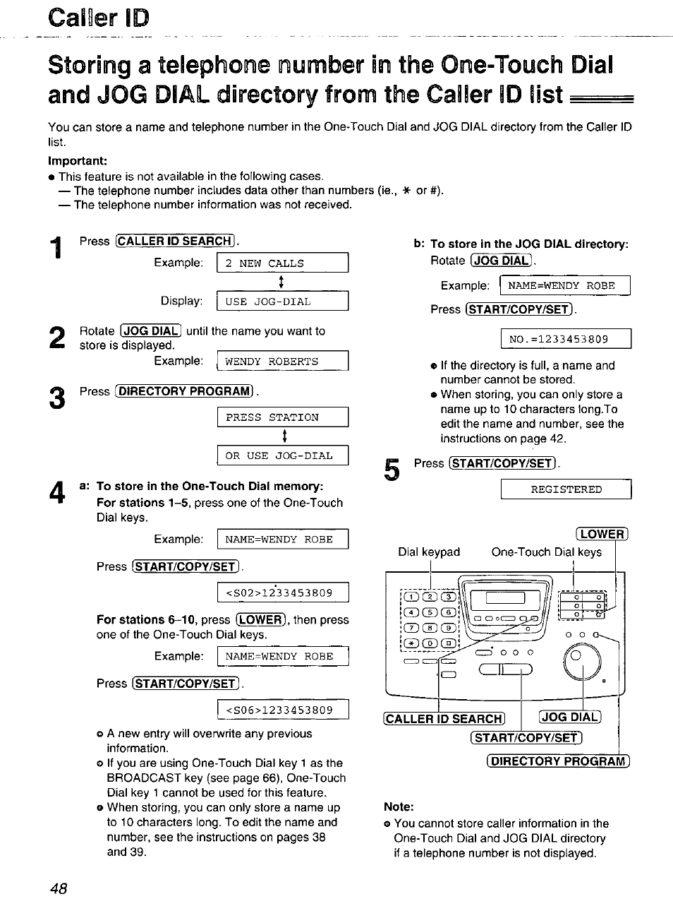 Important, Press (caller id search), Press (directory program | A: to store in the one-touch dial memory, Press [start/copy/set, Press (start/copy/set), B: to store in the jog dial directory, Directory programl, Note, Caller id | Panasonic Compact Plain Paper FAX KX-FP270 User Manual | Page 48 / 144