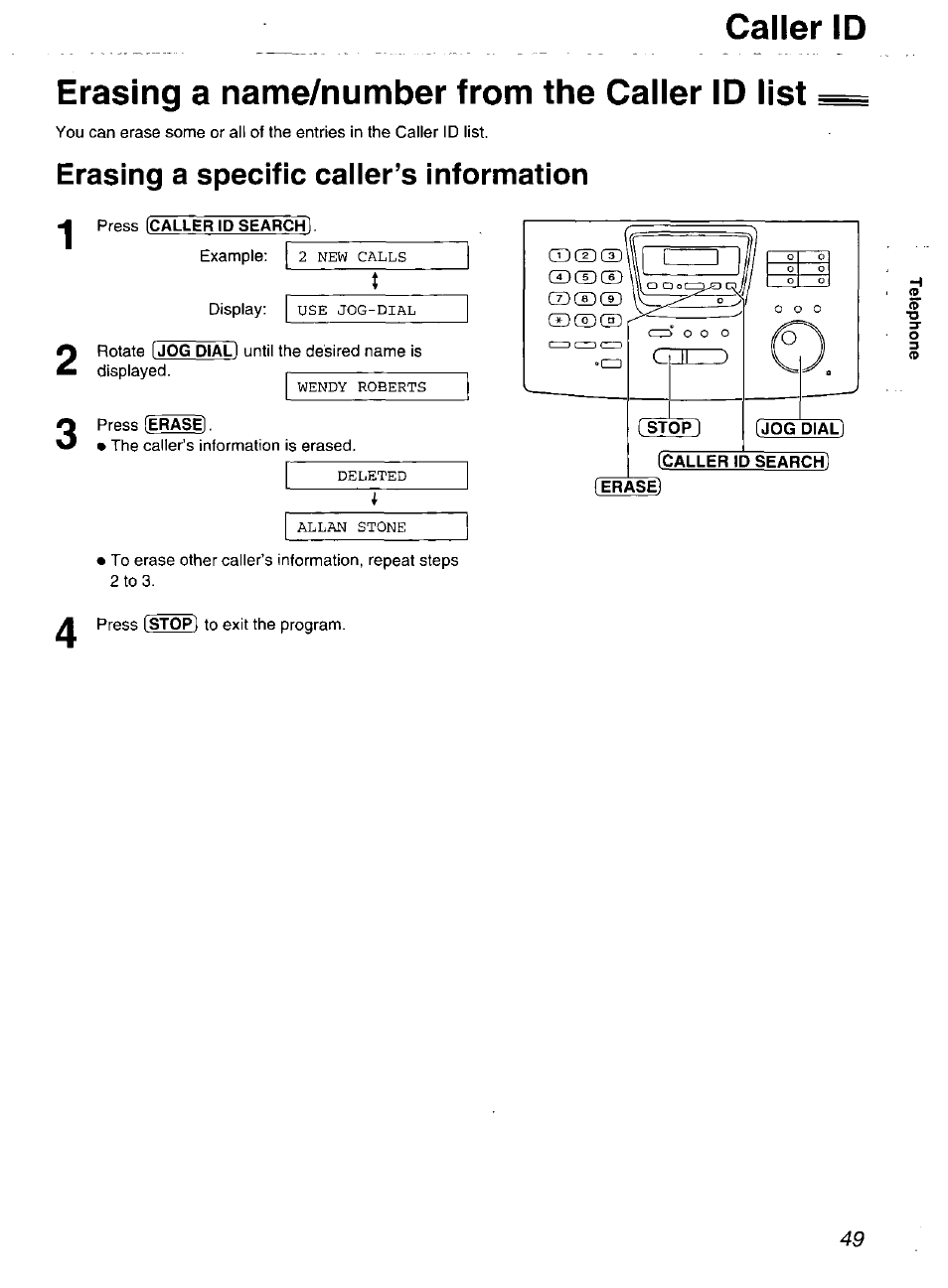 Erasing a name/number from the caller id list, Erasing a specific caller’s information, Caller id | Panasonic Compact Plain Paper FAX KX-FP270 User Manual | Page 49 / 144