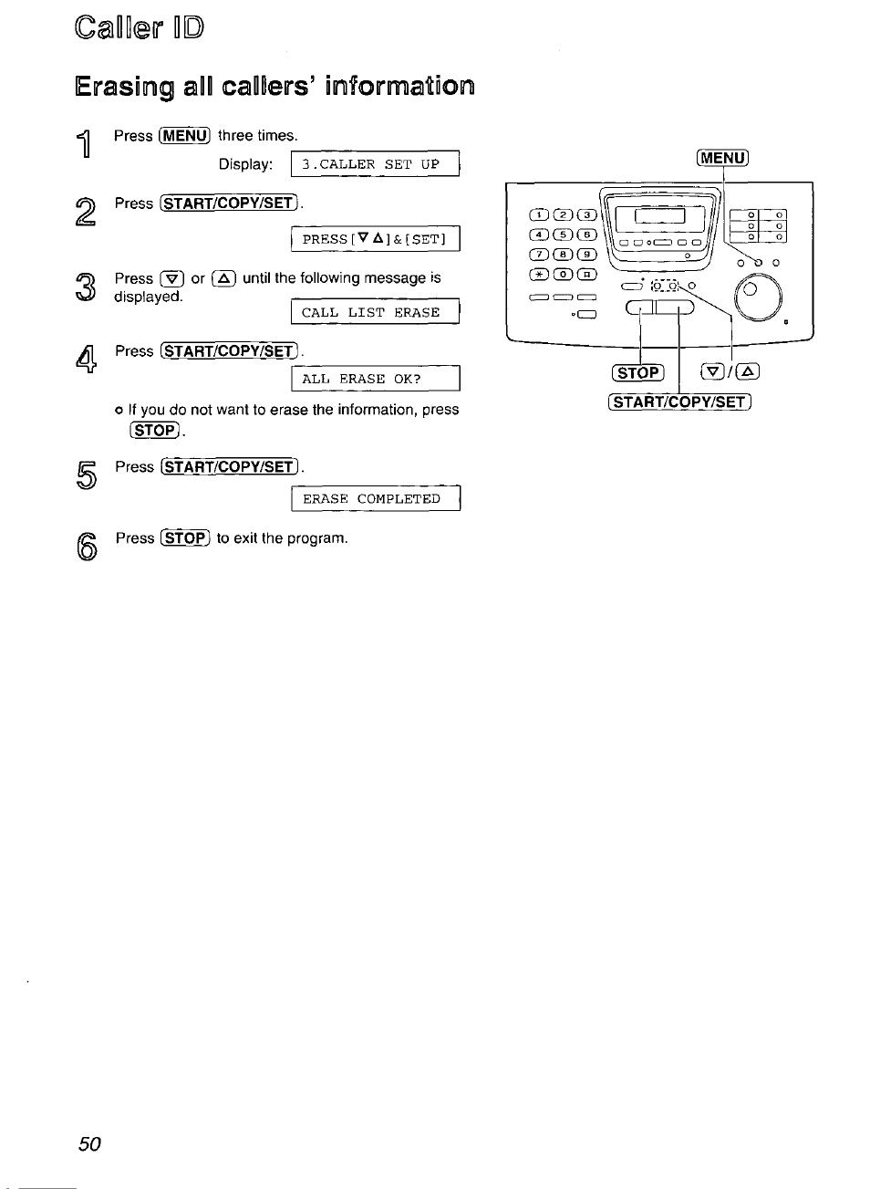 Caller id, Erasing all callers’ information | Panasonic Compact Plain Paper FAX KX-FP270 User Manual | Page 50 / 144