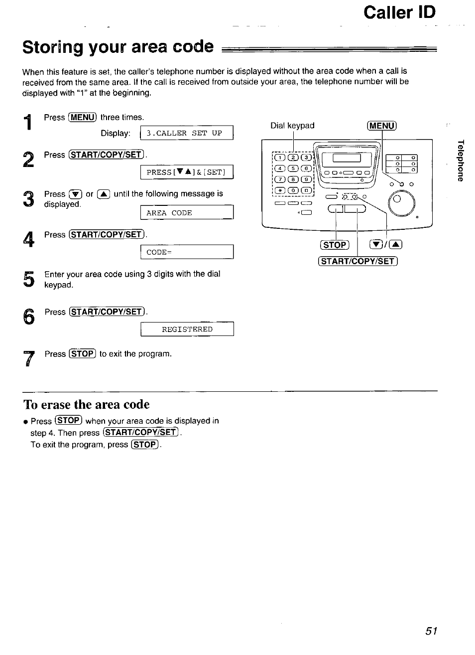 Storing your area code, Caller id | Panasonic Compact Plain Paper FAX KX-FP270 User Manual | Page 51 / 144