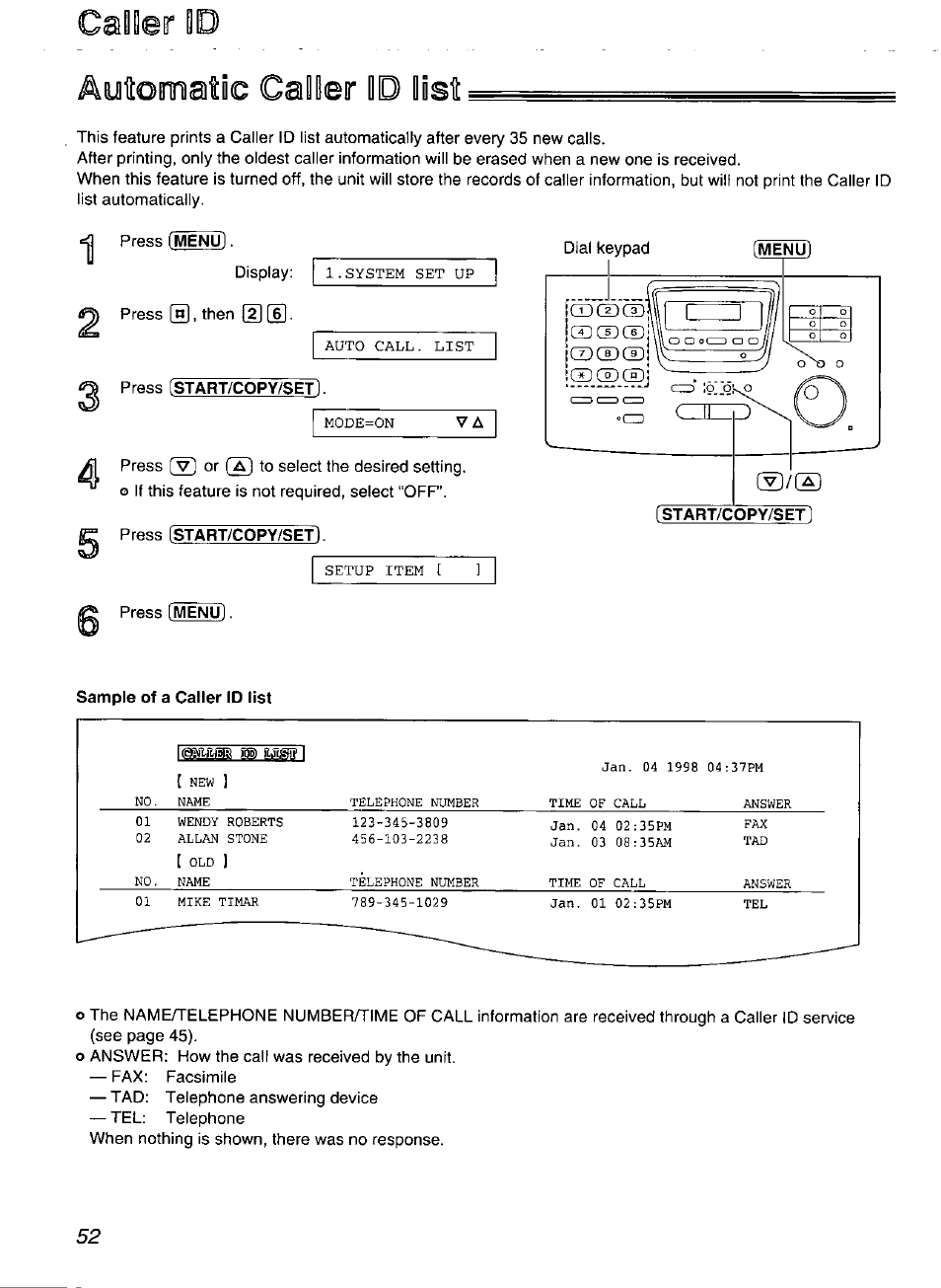 Aytomatñc caller id list | Panasonic Compact Plain Paper FAX KX-FP270 User Manual | Page 52 / 144