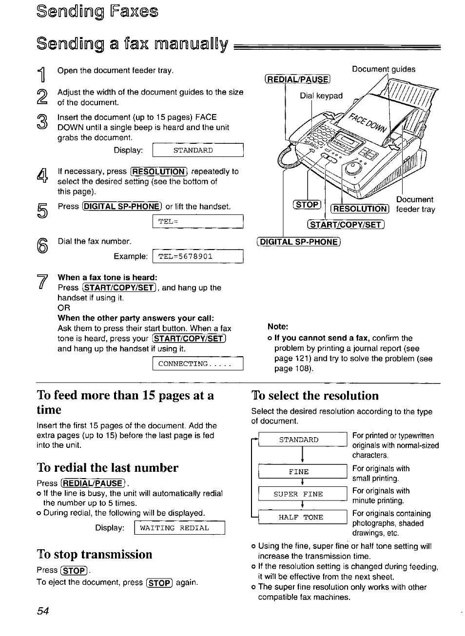 Lemiddimg a fax mamiyallly, When a fax tone is heard, Start/copy/set | Digital sp-phone, Leodsing fasses | Panasonic Compact Plain Paper FAX KX-FP270 User Manual | Page 54 / 144