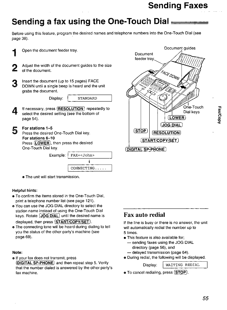 Sending a fax using the one-touch dial, Sending faxes, Fax auto redial | Panasonic Compact Plain Paper FAX KX-FP270 User Manual | Page 55 / 144