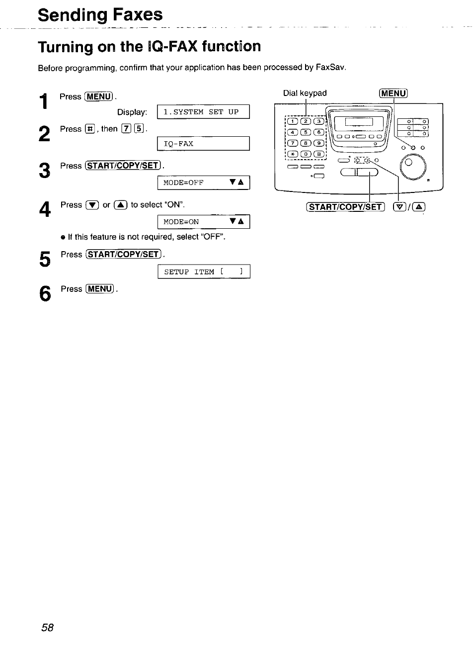 Turning on the iq-fax function, Sending faxes | Panasonic Compact Plain Paper FAX KX-FP270 User Manual | Page 58 / 144