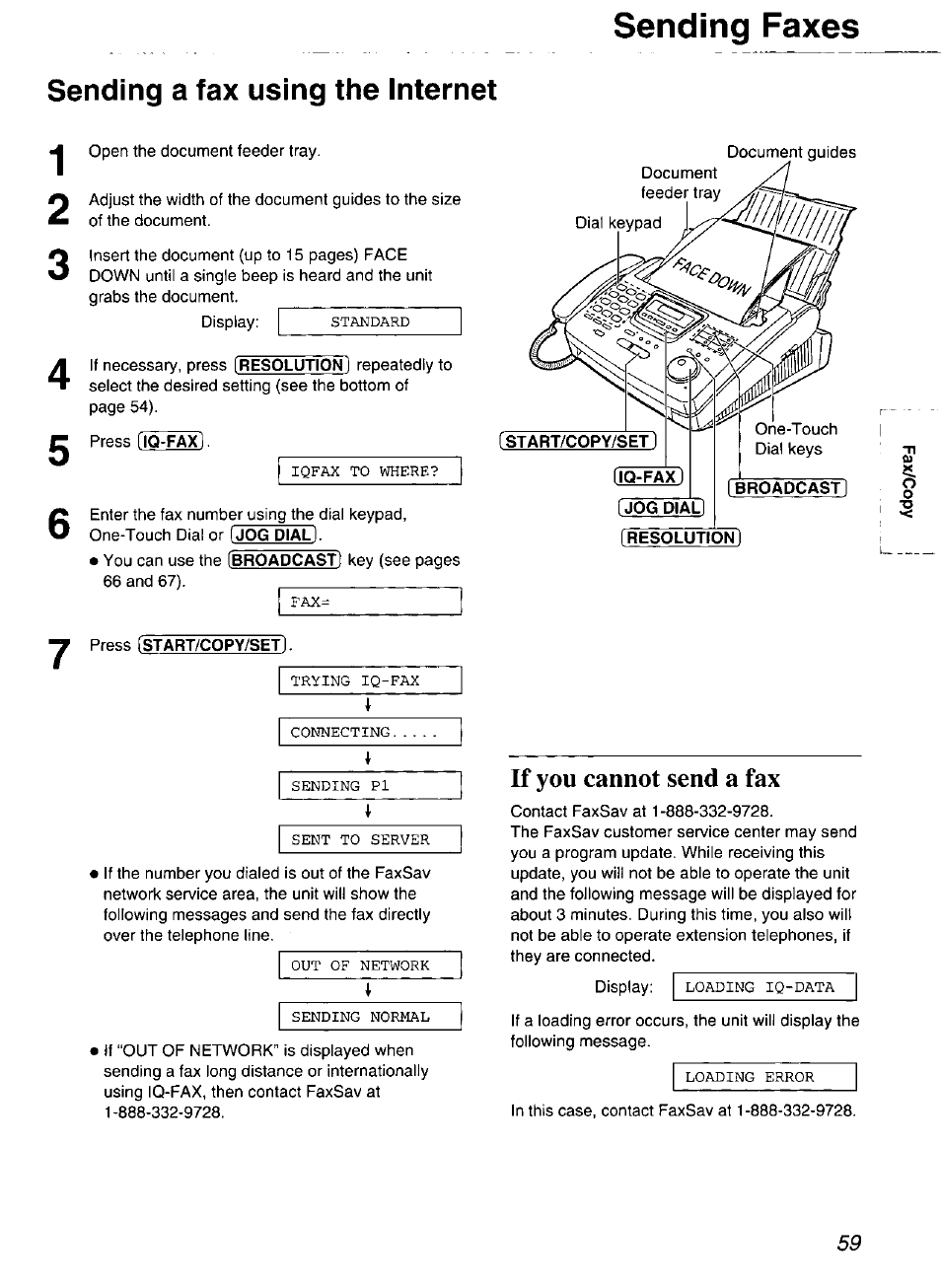 Sending a fax using the internet, Iq-fax, Resolution | Broadcast, Sending faxes, If you cannot send a fax | Panasonic Compact Plain Paper FAX KX-FP270 User Manual | Page 59 / 144