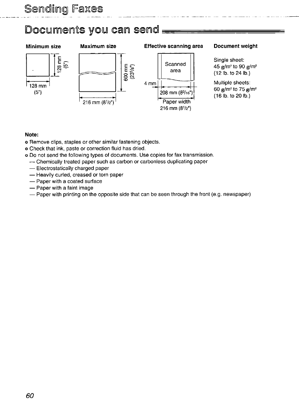 Iendliing, Docymeots you sao send, Effective scanning area document weight | Note, Documents you can send | Panasonic Compact Plain Paper FAX KX-FP270 User Manual | Page 60 / 144