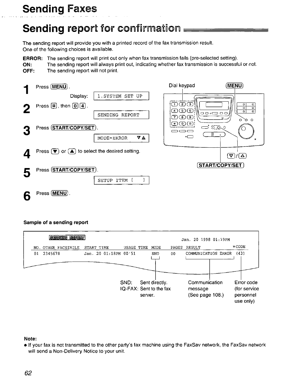 Sending report for confirmation), Sending report for confirmation, Report for confirmation) | Sending faxes, Sending | Panasonic Compact Plain Paper FAX KX-FP270 User Manual | Page 62 / 144