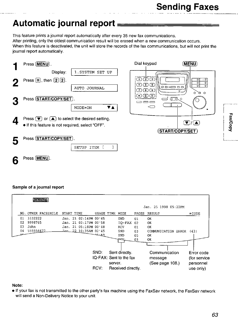 Automatic journal report, Sending faxes | Panasonic Compact Plain Paper FAX KX-FP270 User Manual | Page 63 / 144