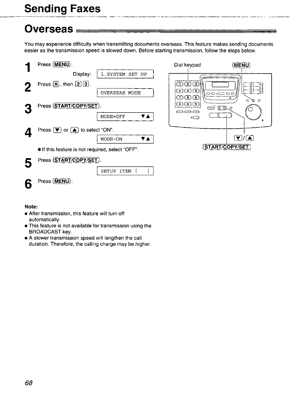 Sending faxes overseas | Panasonic Compact Plain Paper FAX KX-FP270 User Manual | Page 68 / 144