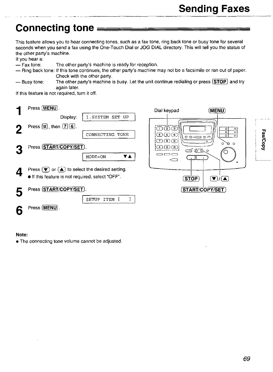 Connecting tone, Sending faxes | Panasonic Compact Plain Paper FAX KX-FP270 User Manual | Page 69 / 144