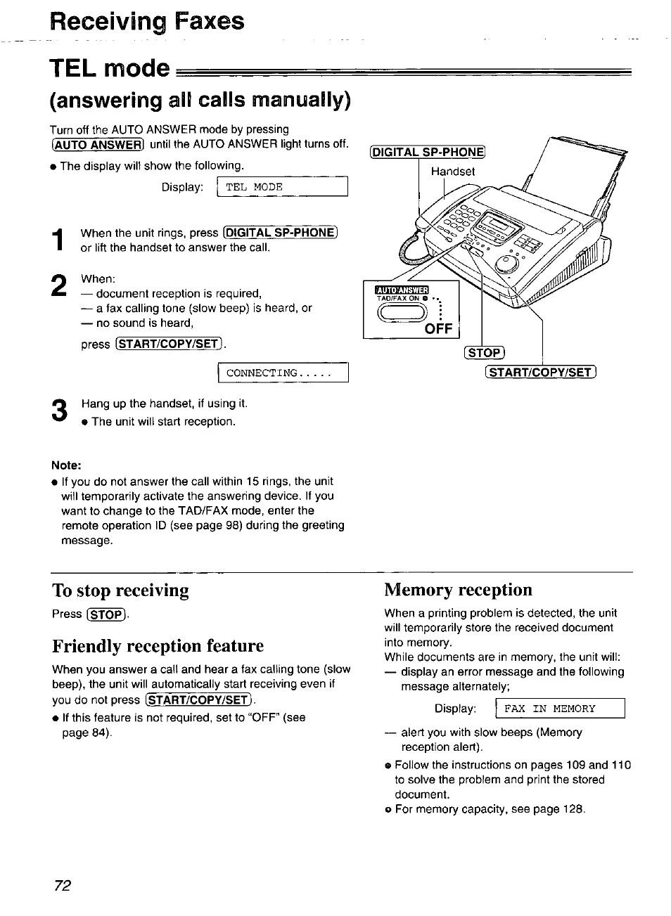 Answering alt calls manually), Memory reception, Tel mode (answering all calls manually) | Memory reception alert, Receiving faxes, Tel mode, Friendly reception feature | Panasonic Compact Plain Paper FAX KX-FP270 User Manual | Page 72 / 144