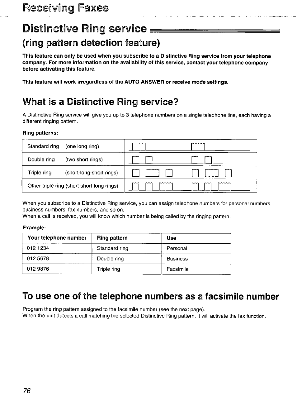 Distinctive ring service, Ring pattern detection feature), What is a distinctive ring service | Ring patterns, Rec©i¥ing faxes distinctive ring service | Panasonic Compact Plain Paper FAX KX-FP270 User Manual | Page 76 / 144