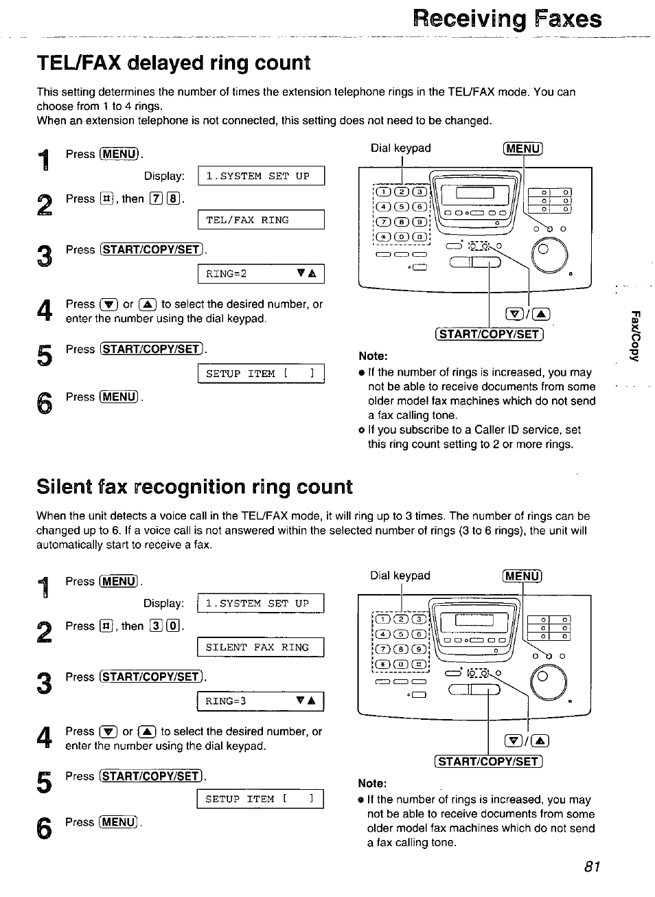 Teufax delayed ring count, Silent fax recognition ring count, Receiving faxes | Panasonic Compact Plain Paper FAX KX-FP270 User Manual | Page 81 / 144