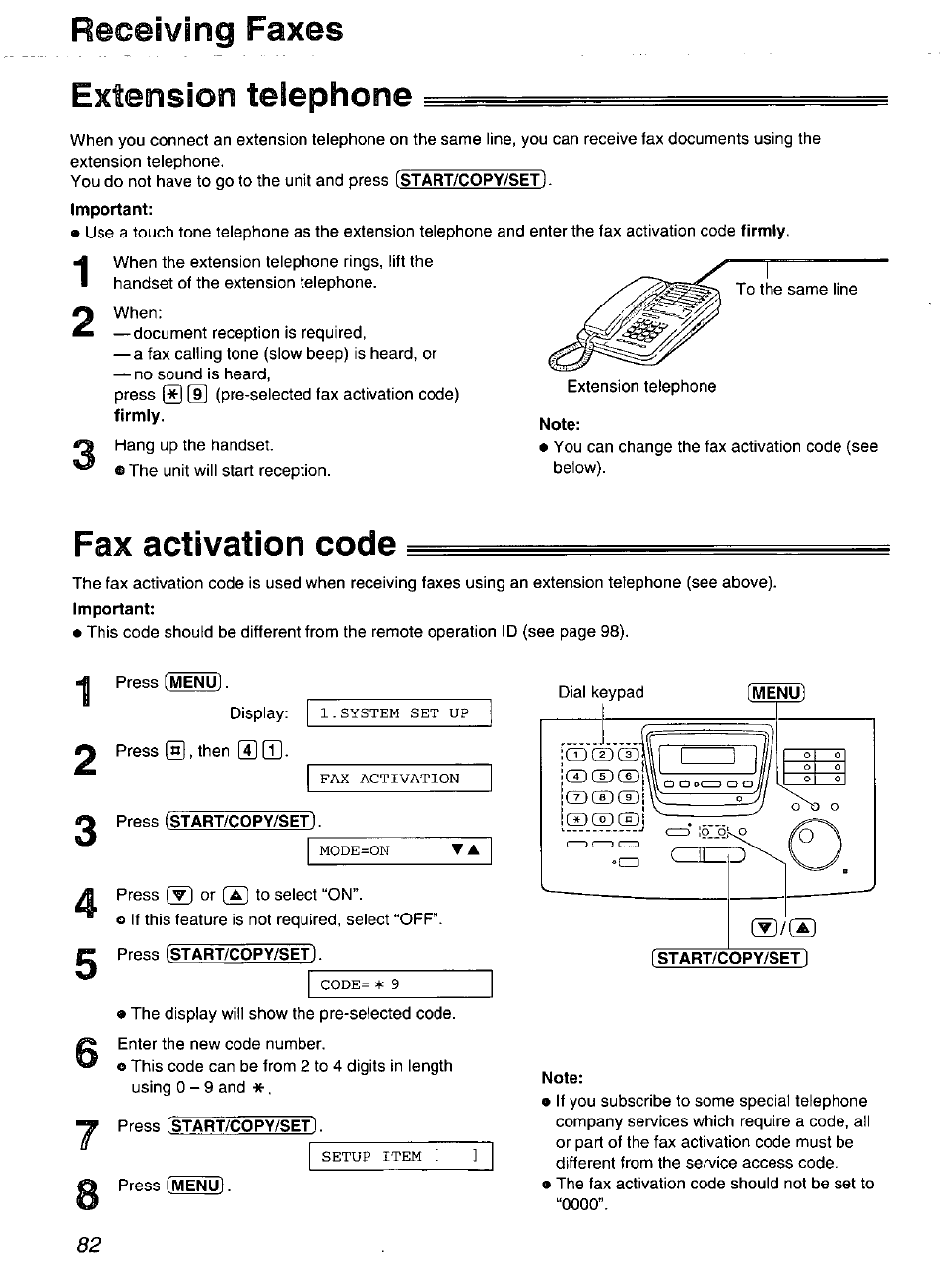 Important, Fax activation code, Press [menu | Press istart/copy/set), Press (start/copy/set), Press istart/copy/set, Telephone, Activation code, Receiving faxes extension | Panasonic Compact Plain Paper FAX KX-FP270 User Manual | Page 82 / 144