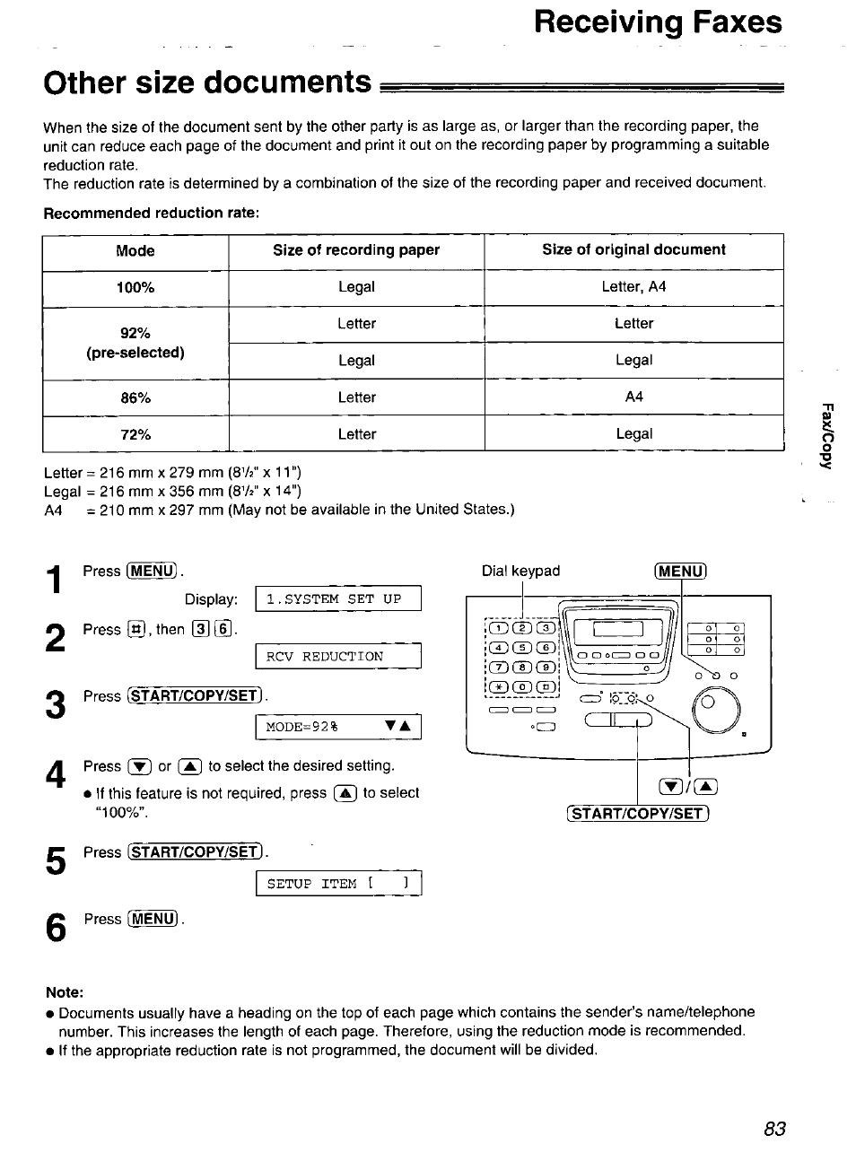 Other size documents, Press [start/copy/set, Note | Receiving faxes | Panasonic Compact Plain Paper FAX KX-FP270 User Manual | Page 83 / 144