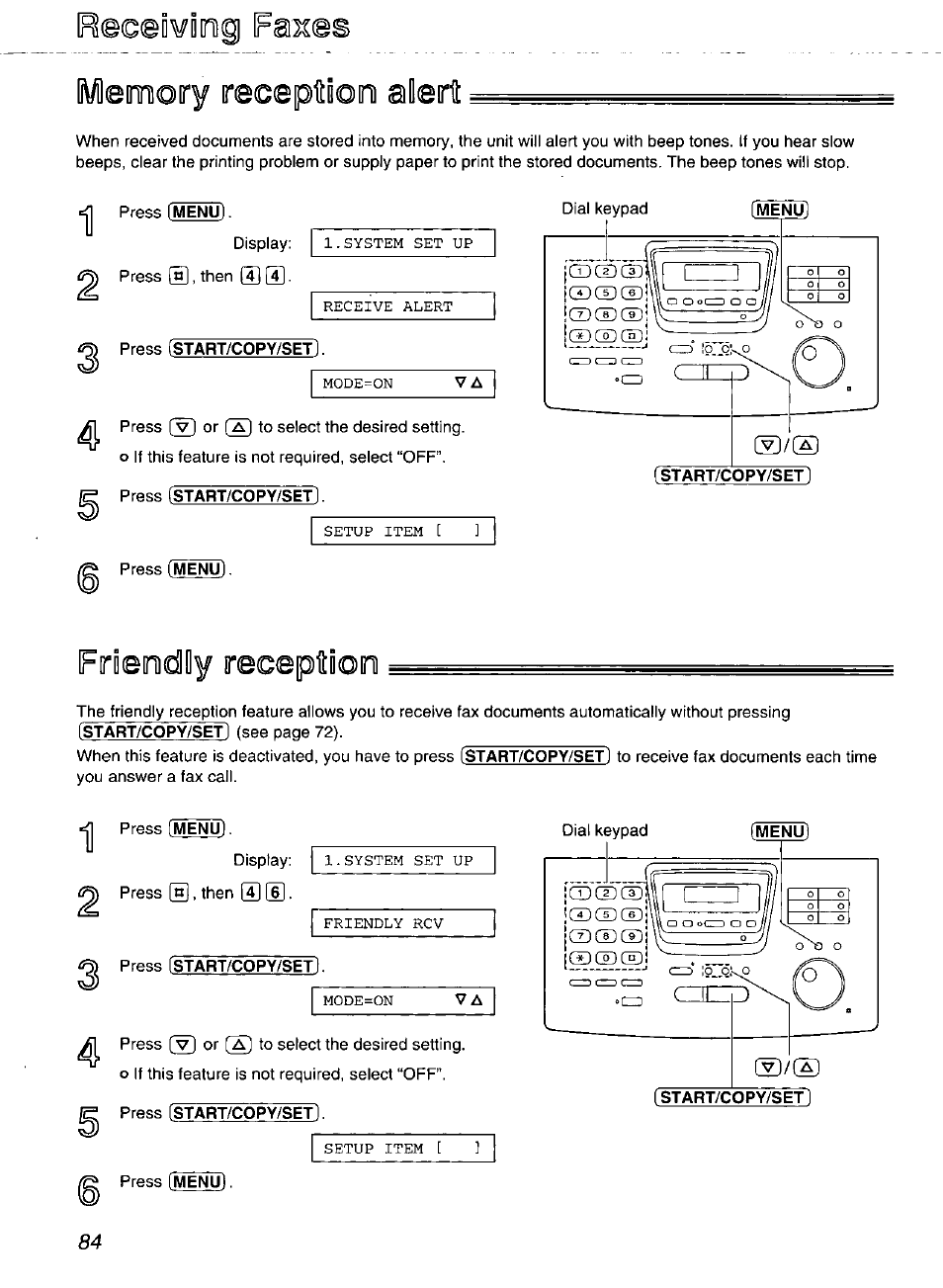 Reeeiwidig pastes emoiry ireceptiomi alert, Frieodly receptioo, Friendly reception | Emoiry ireceptiomi alert, Reeeiwidig pastes | Panasonic Compact Plain Paper FAX KX-FP270 User Manual | Page 84 / 144