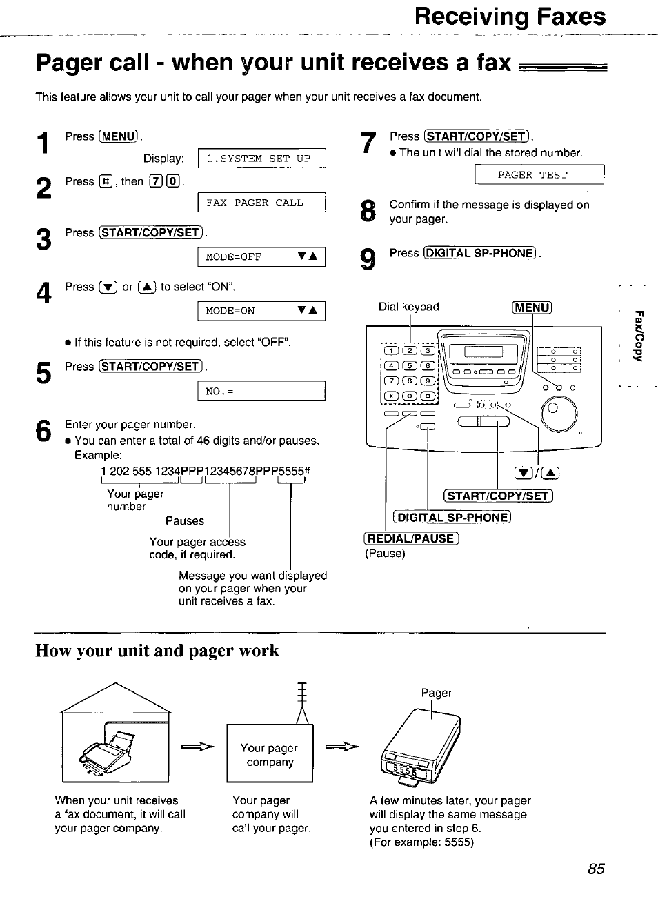 Press [digital sp-phone, Receiving faxes, Pager cail - when your unit receives a fax | How your unit and pager work | Panasonic Compact Plain Paper FAX KX-FP270 User Manual | Page 85 / 144