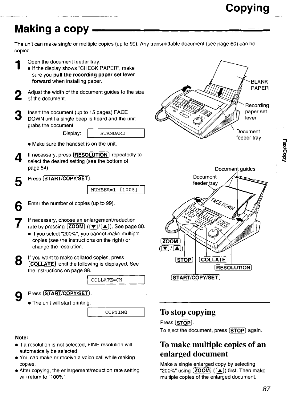 Making a copy, To stop copying, To make multiple copies of an enlarged document | Copying | Panasonic Compact Plain Paper FAX KX-FP270 User Manual | Page 87 / 144