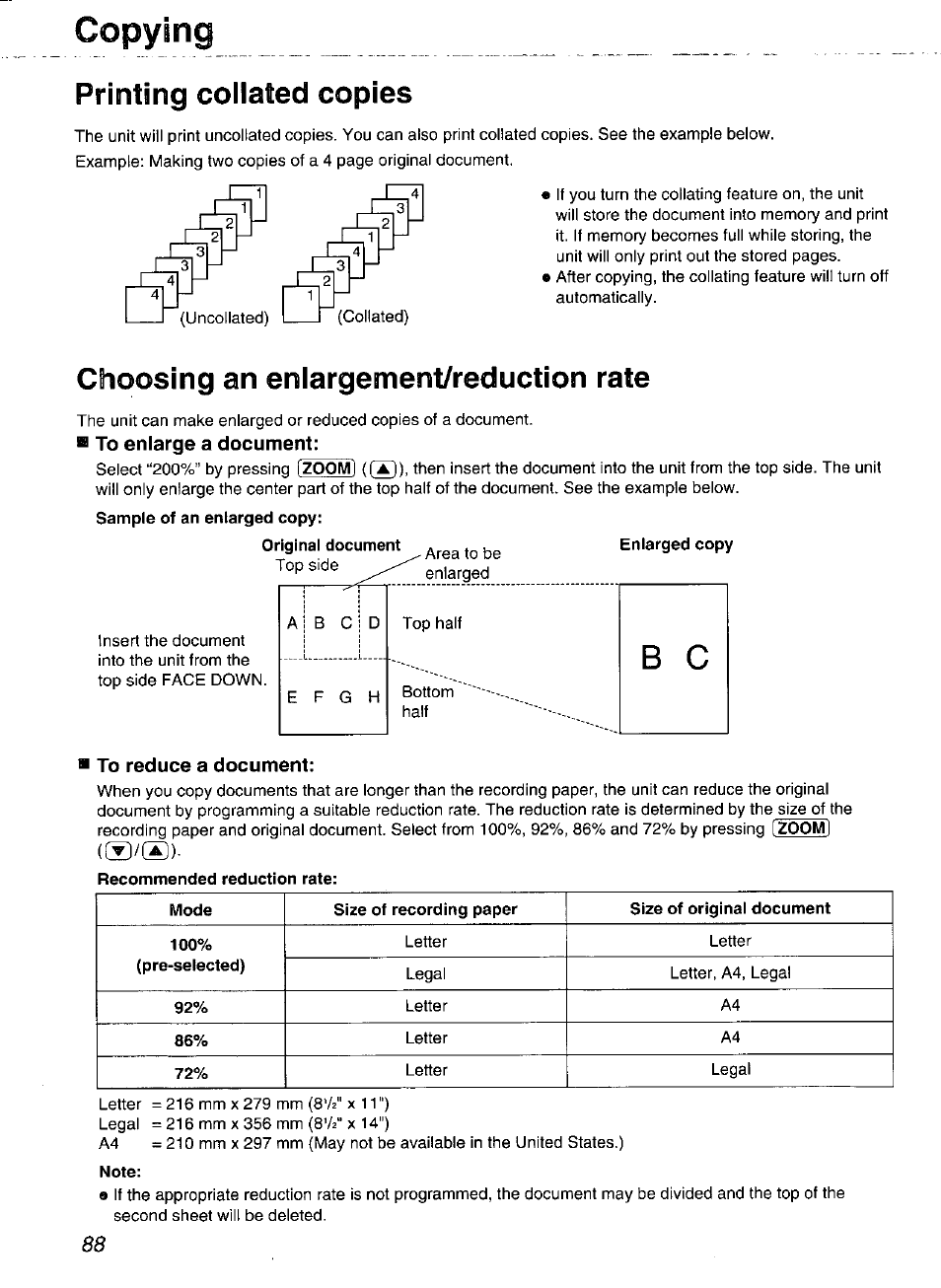 Printing coilated copies, Choosing an enlargement/reduction rate, B to enlarge a document | To reduce a document, Note, Copying | Panasonic Compact Plain Paper FAX KX-FP270 User Manual | Page 88 / 144