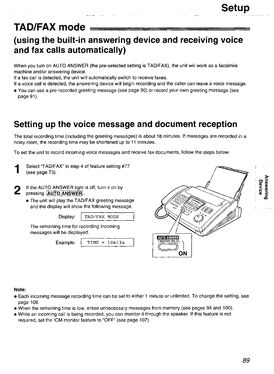 Setup, Tad/fax mode, Setup tad/fax mode | Panasonic Compact Plain Paper FAX KX-FP270 User Manual | Page 89 / 144