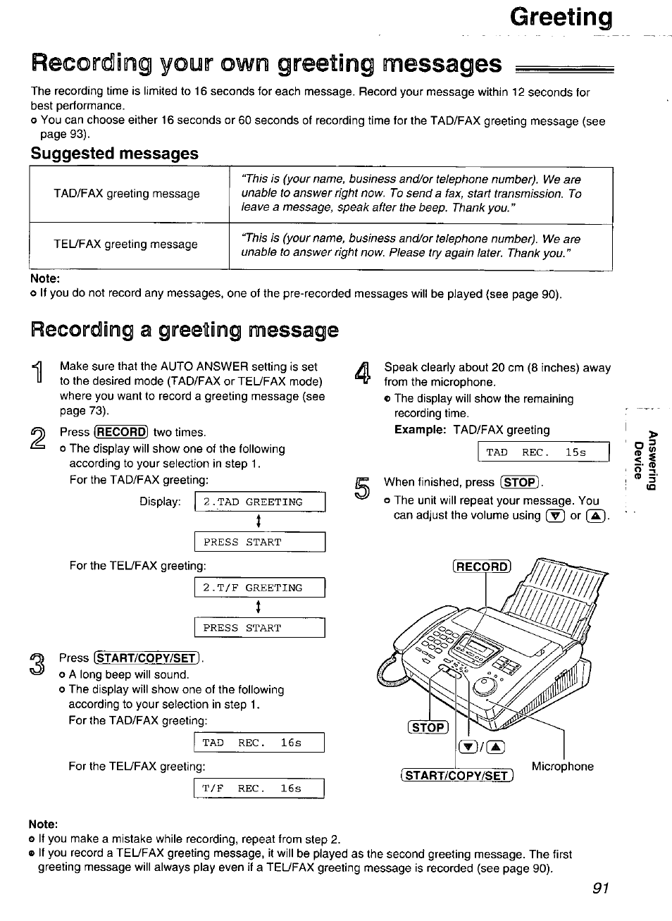 Suggested messages, Greeting, Recording your own greeting messages | Recordiiog a greetinig message | Panasonic Compact Plain Paper FAX KX-FP270 User Manual | Page 91 / 144