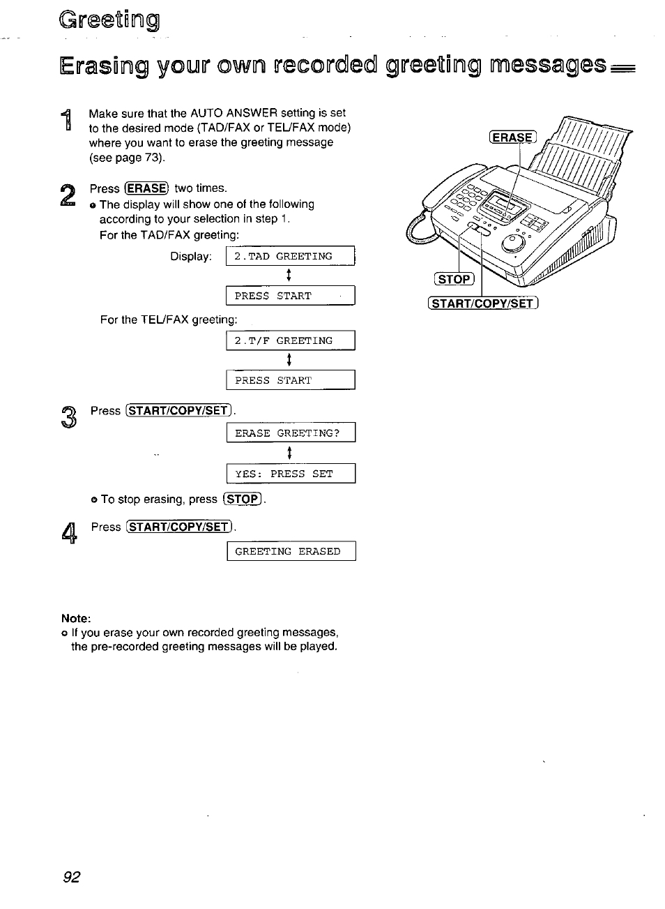 Greetiog, Erasing yooir own racorded greeting messages, Recording your own greeting messages | Panasonic Compact Plain Paper FAX KX-FP270 User Manual | Page 92 / 144