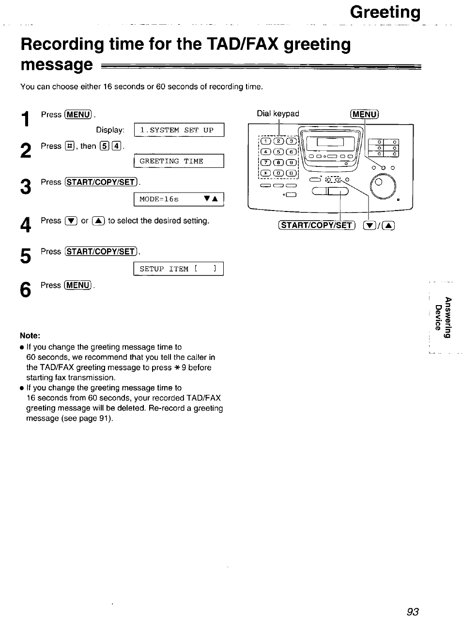 Recording time for the tad/fax greeting message, Greeting | Panasonic Compact Plain Paper FAX KX-FP270 User Manual | Page 93 / 144