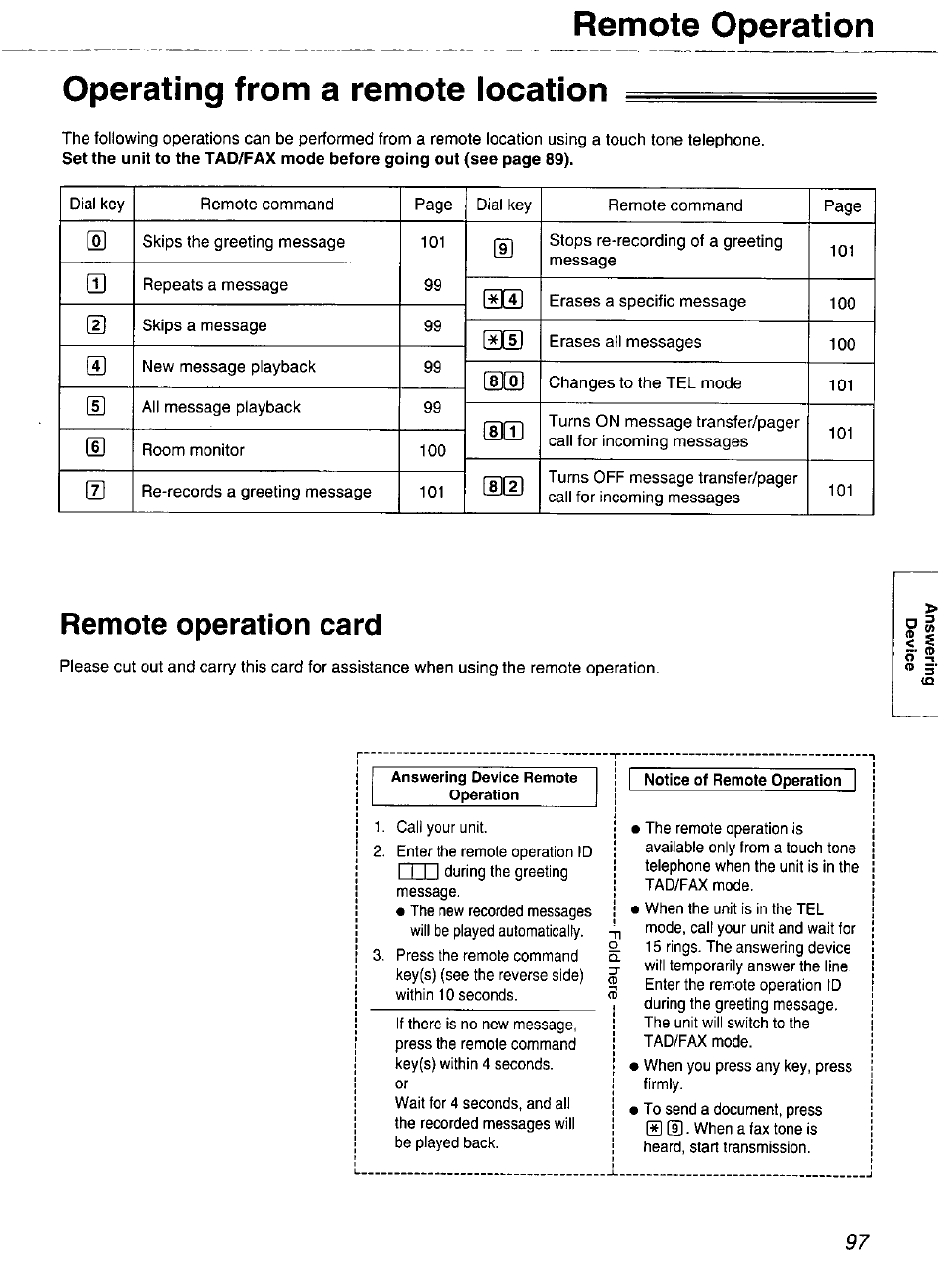 Operating from a remote location, Remote operation card, Notice of remote operation | Remote operation | Panasonic Compact Plain Paper FAX KX-FP270 User Manual | Page 97 / 144