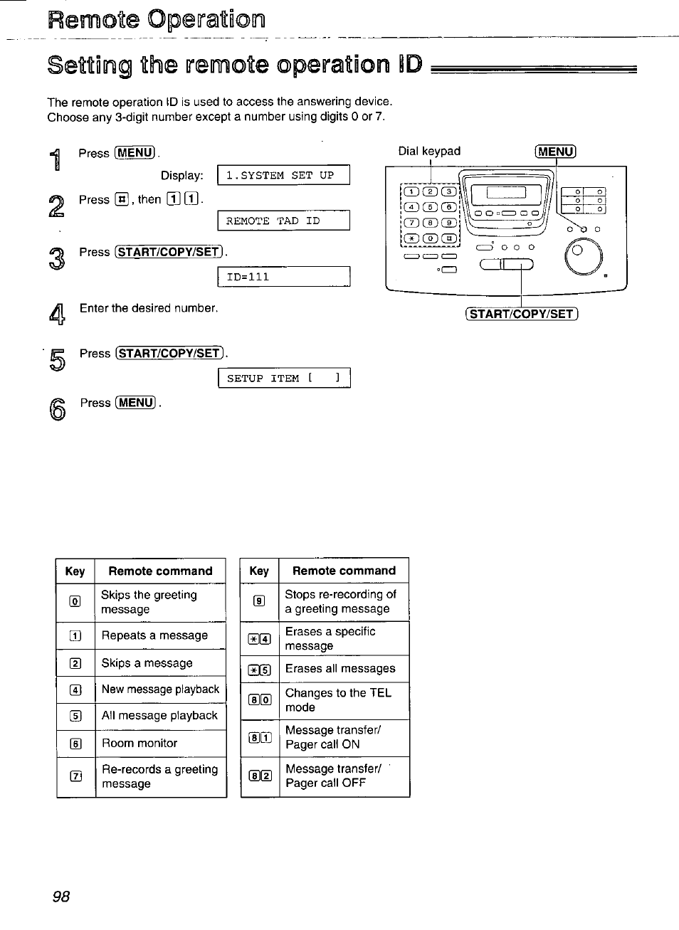 Setting the remote operation ¡d, Press fstart/copy/set, Setting the remote operation id | Remote operation setting the remote operation ¡d | Panasonic Compact Plain Paper FAX KX-FP270 User Manual | Page 98 / 144