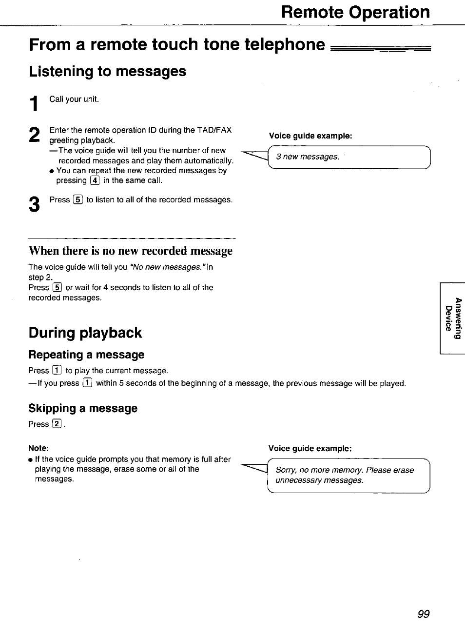 From a remote touch tone telephone, Listening to messages, Voice guide example | During playback, Repeating a message, Skipping a message, Note, Remote operation, When there is no new recorded message | Panasonic Compact Plain Paper FAX KX-FP270 User Manual | Page 99 / 144